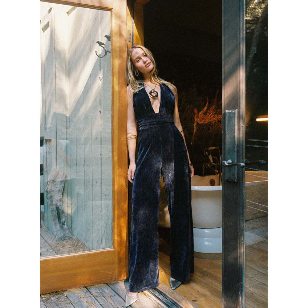 12th Tribe Limelight Midnight Velvet Halter Jumpsuit Size S